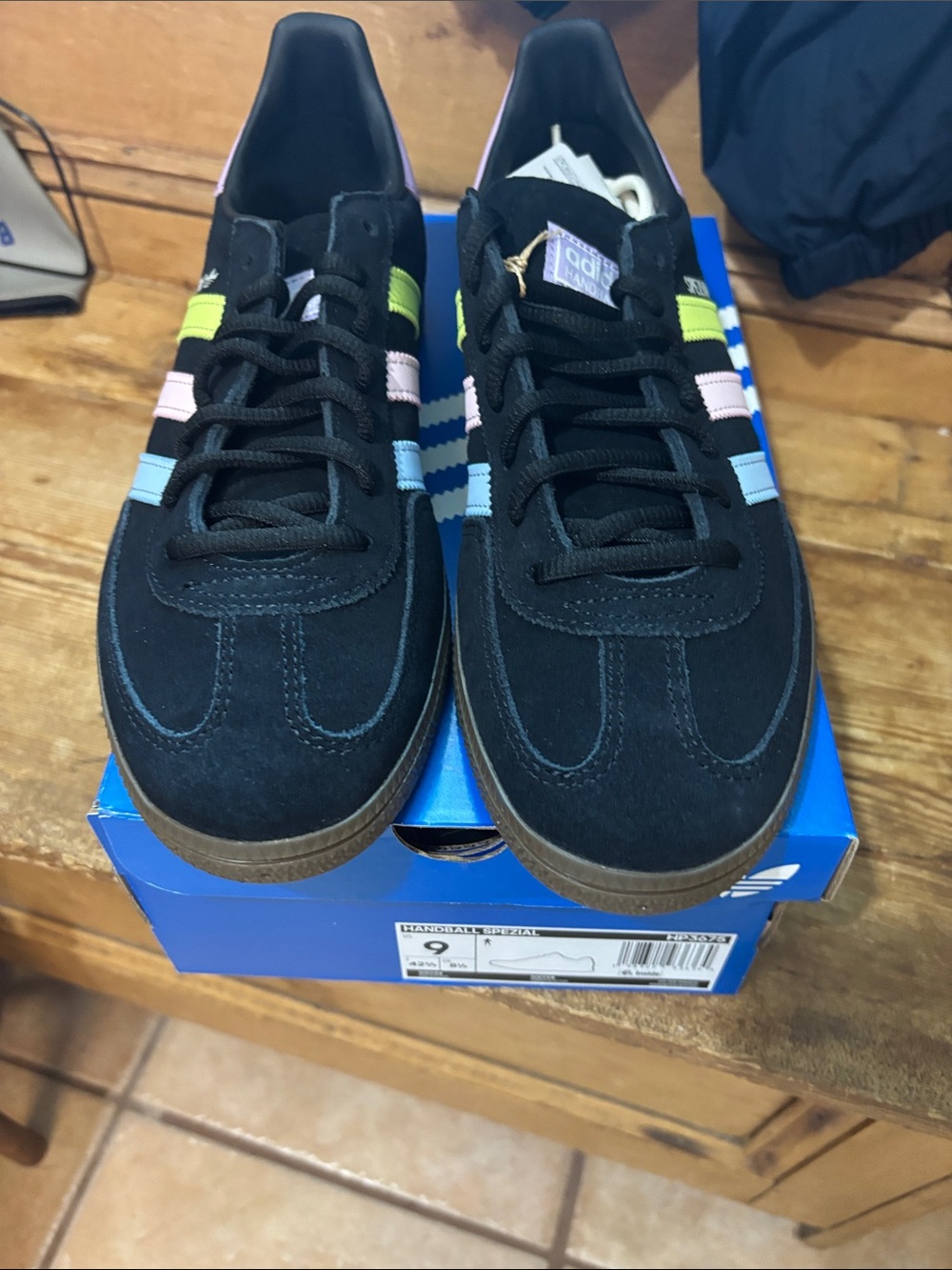 New in box handball spezial adidas Black Suede Sneakers Pastel Stripe Accents